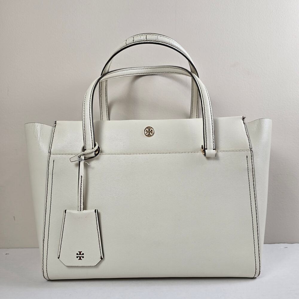 Tory Burch Leather Parker Small Tote Bag Handbag Ivory with Orange Lining